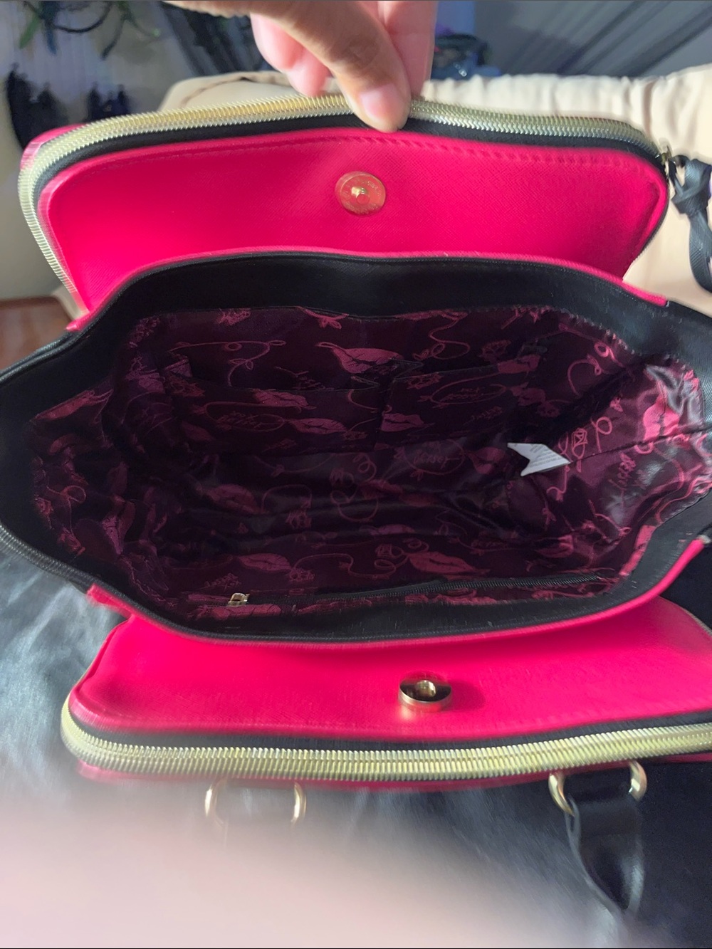 Betsey Johnson Hot Pink, White & Black Satchel with Gold Accents - Picture 5 of 6